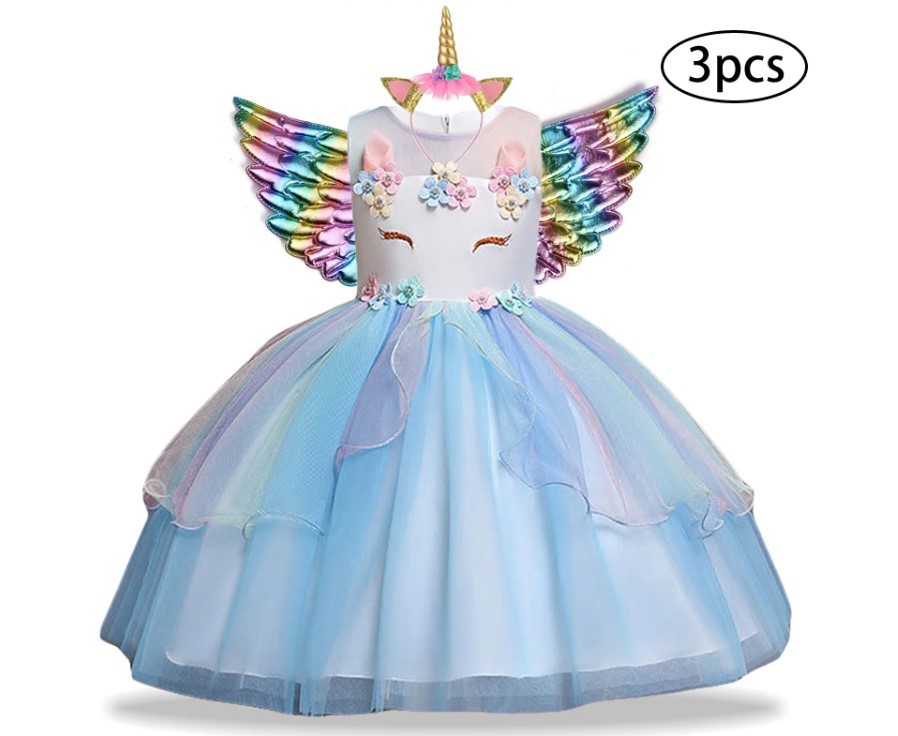 Girl's Unicorn Dress with Headband and Wings 3 Pcs Set