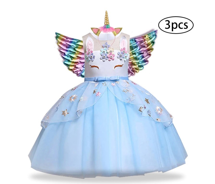 Girl's Unicorn Dress with Headband and Wings 3 Pcs Set