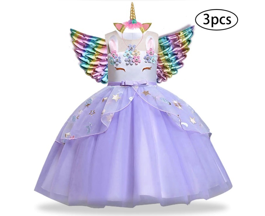 Girl's Unicorn Dress with Headband and Wings 3 Pcs Set